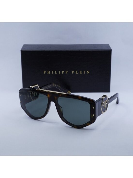 Philipp Plein SPP093M 0722 Sunglasses Dark Havana Aviator Frame, Green Lenses main image 10